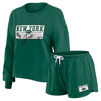 Women's WEAR by Erin Andrews Green New York Jets Heavy Rugby Jersey Long Sleeve T-Shirt & Shorts Lounge Set