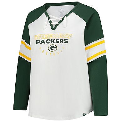 Women's Fanatics White Green Bay Packers Plus Size Redzone Lace Up Long Sleeve T-Shirt