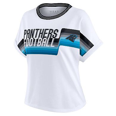 Women's WEAR by Erin Andrews White Carolina Panthers Cropped Center Stripe Dolman T-Shirt