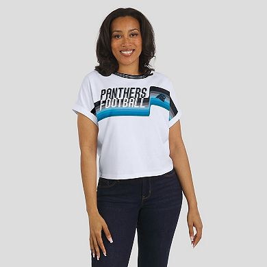 Women's WEAR by Erin Andrews White Carolina Panthers Cropped Center Stripe Dolman T-Shirt