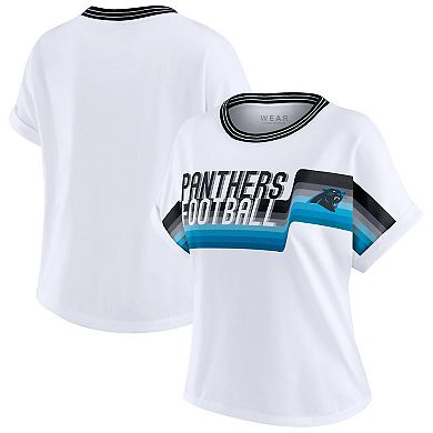 Women's WEAR by Erin Andrews White Carolina Panthers Cropped Center Stripe Dolman T-Shirt