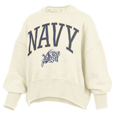 Women's Pressbox Natural Navy Midshipmen Oversized Waist-Length Crewneck Sweatshirt