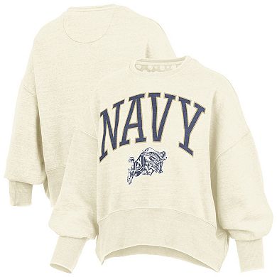 Women's Pressbox Natural Navy Midshipmen Oversized Waist-Length Crewneck Sweatshirt