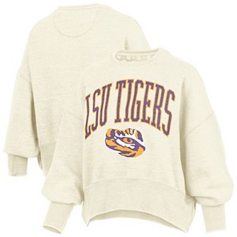 Women's Pressbox Natural LSU Tigers Oversized Waist-Length Crewneck Sweatshirt