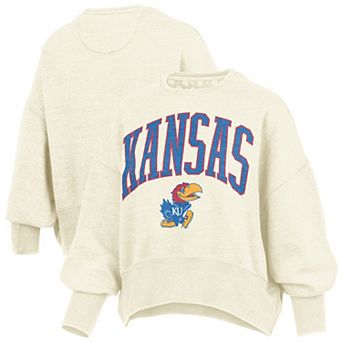 Women's Pressbox Natural Kansas Jayhawks Oversized Waist-Length Crewneck Sweatshirt