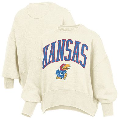 Women's Pressbox Natural Kansas Jayhawks Oversized Waist-Length Crewneck Sweatshirt