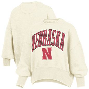 Women's Pressbox Natural Nebraska Huskers Oversized Waist-Length Crewneck Sweatshirt