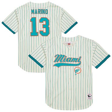 Men's Mitchell & Ness Dan Marino Cream Miami Dolphins Name & Number Mesh Button-Up Baseball Jersey