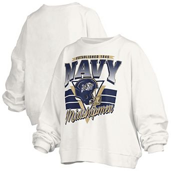 Women's Pressbox White Navy Midshipmen Oversized Janice Retro Waist-Length Pullover Sweatshirt