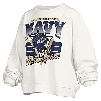 Women's Pressbox White Navy Midshipmen Oversized Janice Retro Waist-Length Pullover Sweatshirt
