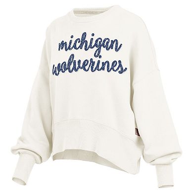 Women's Pressbox Cream Michigan Wolverines Oversized Chelsea Waist Length Pullover Sweatshirt