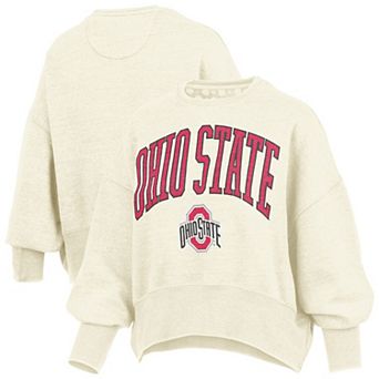 Women's Pressbox Natural Ohio State Buckeyes Oversized Waist-Length Crewneck Sweatshirt