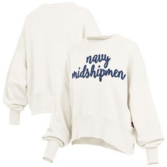 Women's Pressbox Cream Navy Midshipmen Oversized Chelsea Waist Length Pullover Sweatshirt