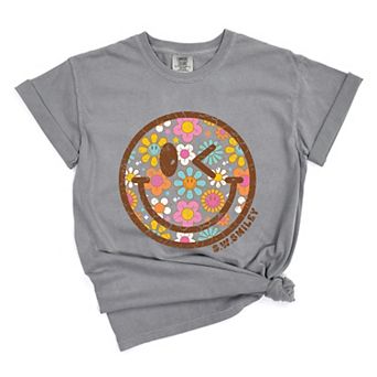 S.W.Smiley Groovy Floral Outline - Women's Garment Dyed Graphic T-Shirt