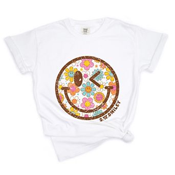 S.W.Smiley Groovy Floral Outline - Women's Garment Dyed Graphic T-Shirt