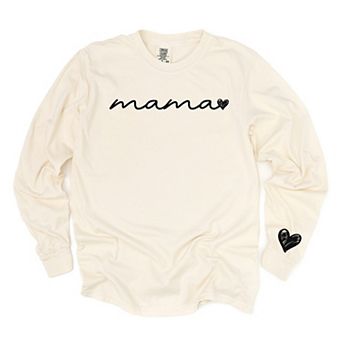 Mama Cursive Heart - Women's Garment Dyed Long Sleeve Graphic T-Shirt