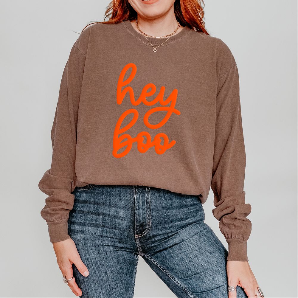 Simply Sage Market Hey Boo Cursive Puff Print Garment Dyed Long Sleeve