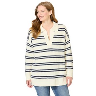 Woman Within Plus Size Waffle Polo Sweater