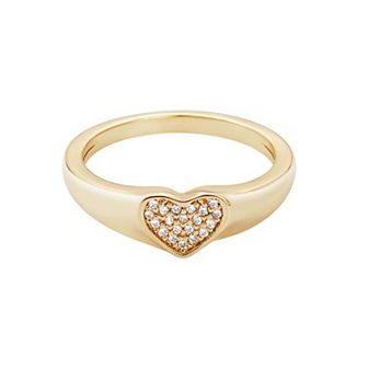Adornia 14k Gold Flash Plated Cubic Zirconia Pave Heart Signet Pinky Ring