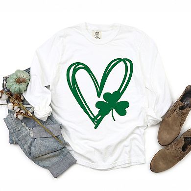 Simply Sage Market Hand Drawn Heart With Shamrock Garment Dyed Long Sleeve
