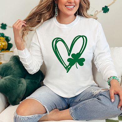 Simply Sage Market Hand Drawn Heart With Shamrock Garment Dyed Long Sleeve