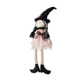 Glitzhome 29”H Pink Fabric Dressed Witch Sitter, Halloween Table Decor