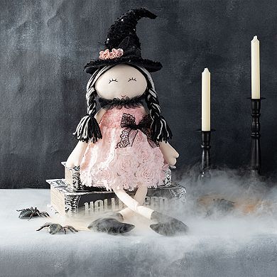 Glitzhome 29”H Pink Fabric Dressed Witch Sitter, Halloween Table Decor