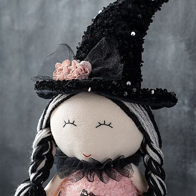 Glitzhome 29”H Pink Fabric Dressed Witch Sitter, Halloween Table Decor
