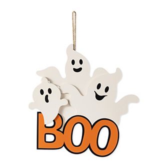 Glitzhome 14"H Wooden Ghost BOO Door Hanger, Halloween Hanging Wall Decor