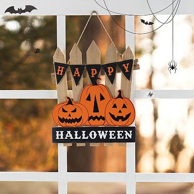 Glitzhome 14"H Jack O Lantern Door Hanger, Halloween Wood Hanging Wall Decor
