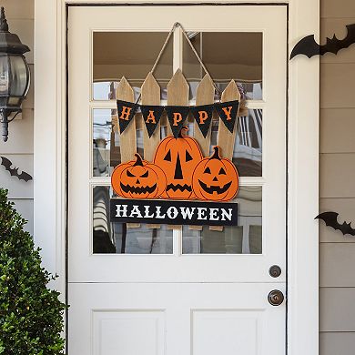 Glitzhome 14"H Jack O Lantern Door Hanger, Halloween Wood Hanging Wall Decor