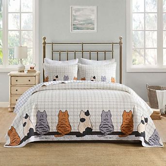 MarCielo 3 pc Cat Silhouette Checkered Quilt Bedspread Set