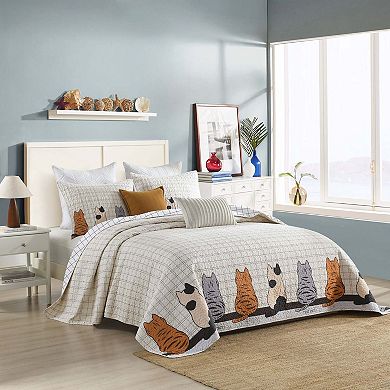 MarCielo 3-Pieces Cat Silhouette Checkered Quilt Bedspread Set