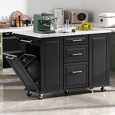 Merax 50.7" Kitchen Island with Storage Tilt Trash Can Cabinet and Pull Out Cabinet Organizer