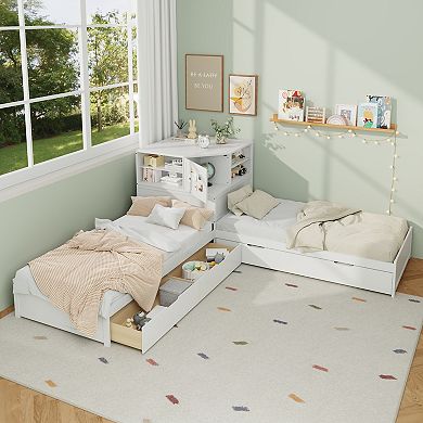 Merax L-Shaped Combination Twin Bed Frame with Trundle and Drawer,3-in-1 Low Corner Platform Bed