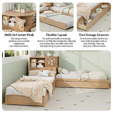 Merax L-Shaped Combination Twin Bed Frame with Trundle and Drawer,3-in-1 Low Corner Platform Bed