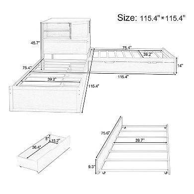 Merax L-Shaped Combination Twin Bed Frame with Trundle and Drawer,3-in-1 Low Corner Platform Bed