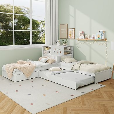 Merax L-Shaped Combination Twin Bed Frame with Trundle and Drawer,3-in-1 Low Corner Platform Bed