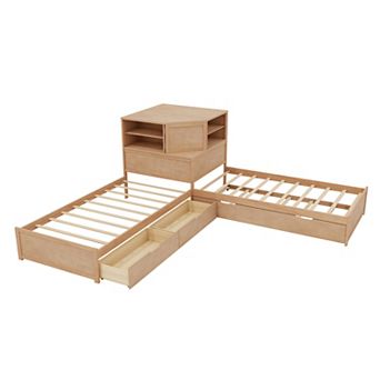 Merax L-Shaped Combination Twin Bed Frame with Trundle and Drawer,3-in-1 Low Corner Platform Bed