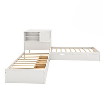 Merax L-Shaped Combination Twin Bed Frame with Trundle and Drawer,3-in-1 Low Corner Platform Bed