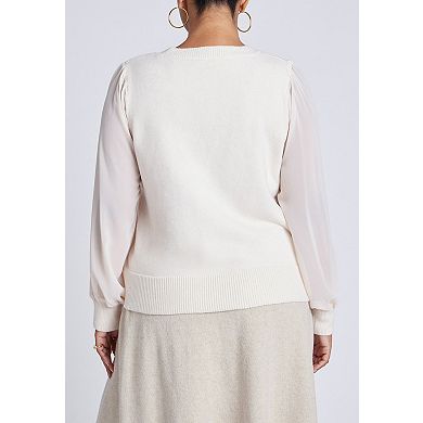 ELOQUII Women's Plus Size Sheer Sleeve V-Neck Sweater