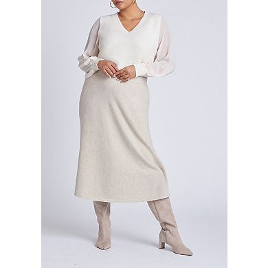 ELOQUII Women's Plus Size Sheer Sleeve V-Neck Sweater