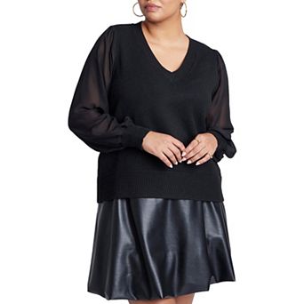 ELOQUII Women's Plus Size Sheer Sleeve V-Neck Sweater
