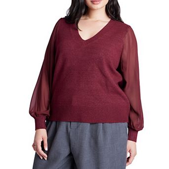 ELOQUII Women's Plus Size Sheer Sleeve V-Neck Sweater