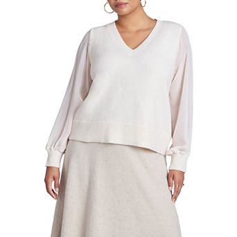 ELOQUII Women's Plus Size Sheer Sleeve V-Neck Sweater