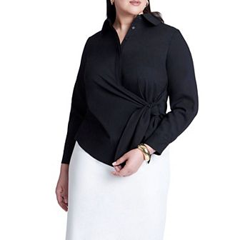 ELOQUII Women's Plus Size Hip Tie Collared Shirt