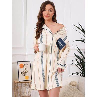 Women's Nightgown Striped Button Down Long Sleeve Pajama Dress V-Neck Nortch Collar with Pocket