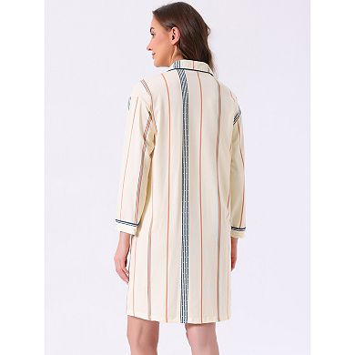 Women's Nightgown Striped Button Down Long Sleeve Pajama Dress V-Neck Nortch Collar with Pocket