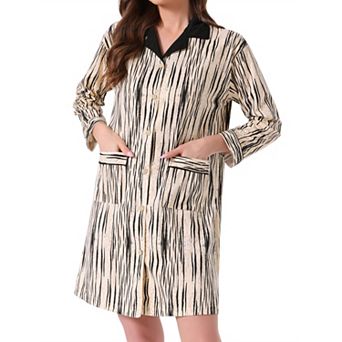 Women's Nightgown Striped Button Down Long Sleeve Pajama Dress V-Neck Nortch Collar with Pocket