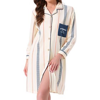 Women's Nightgown Striped Button Down Long Sleeve Pajama Dress V-Neck Nortch Collar with Pocket